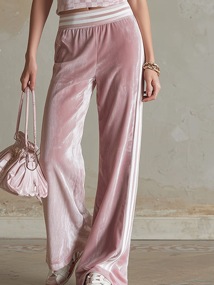 Stylish And Sporty Pink Checkered Print T-shirt And Wide-leg Pants Set