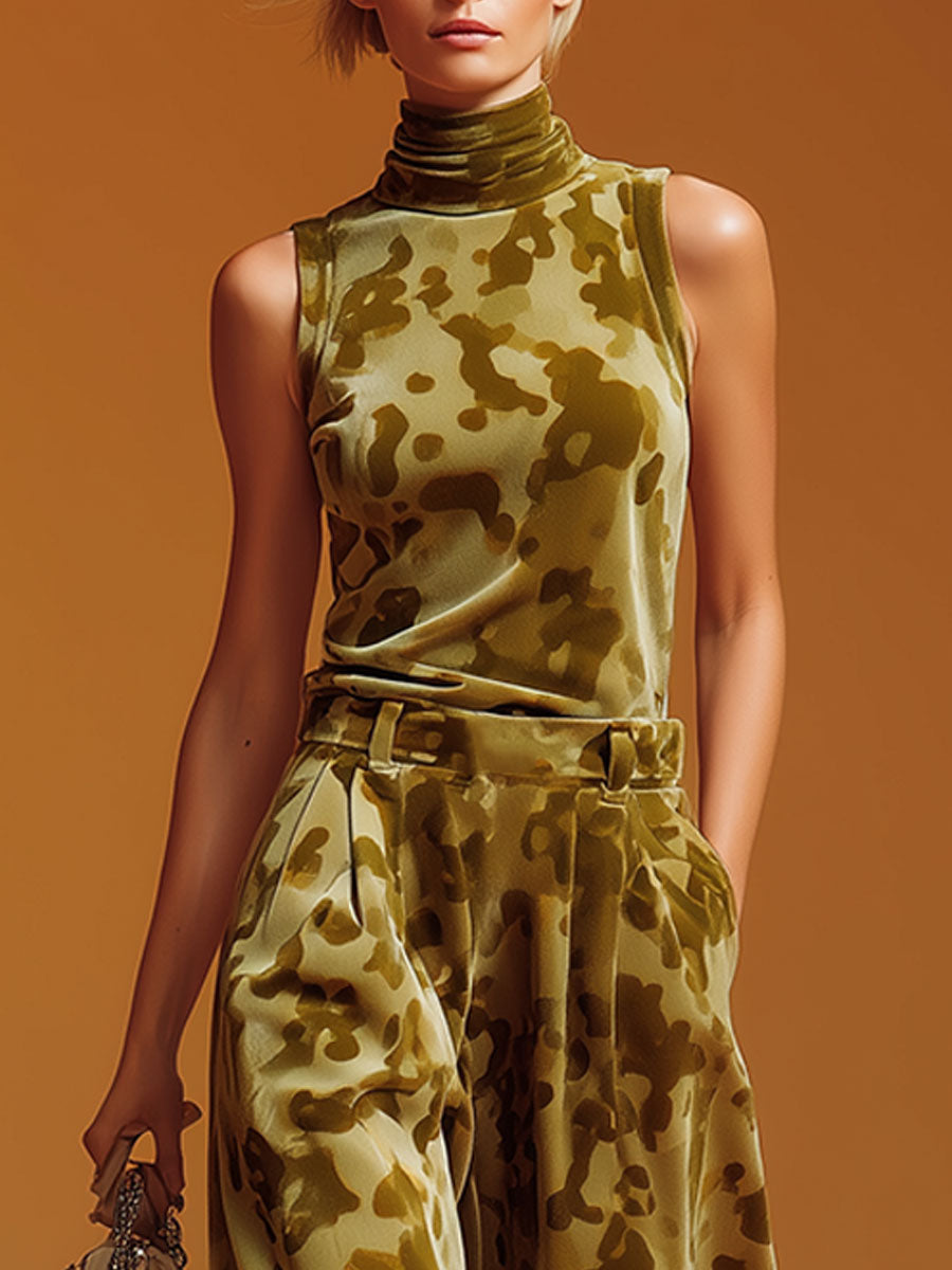 Sporty Retro Green Camouflage Velvet Turtleneck Vest And Wide-leg Pants Set