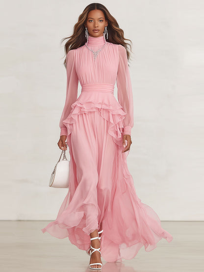 Pink High-neck Ruffled Chiffon Long-sleeved Maxi Dress