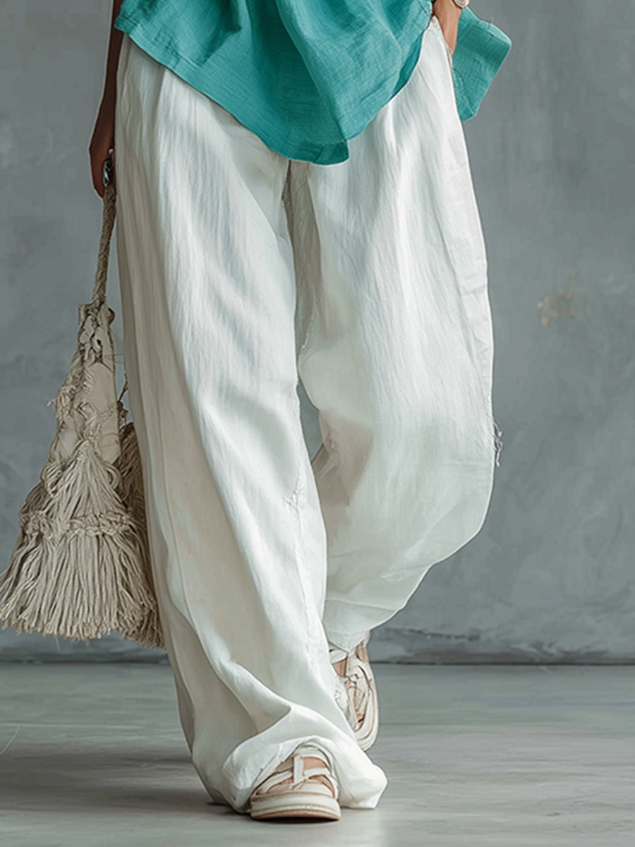 Urban Casual Light Blue-green T-shirt And White Wide-leg Pants Cotton And Linen Set