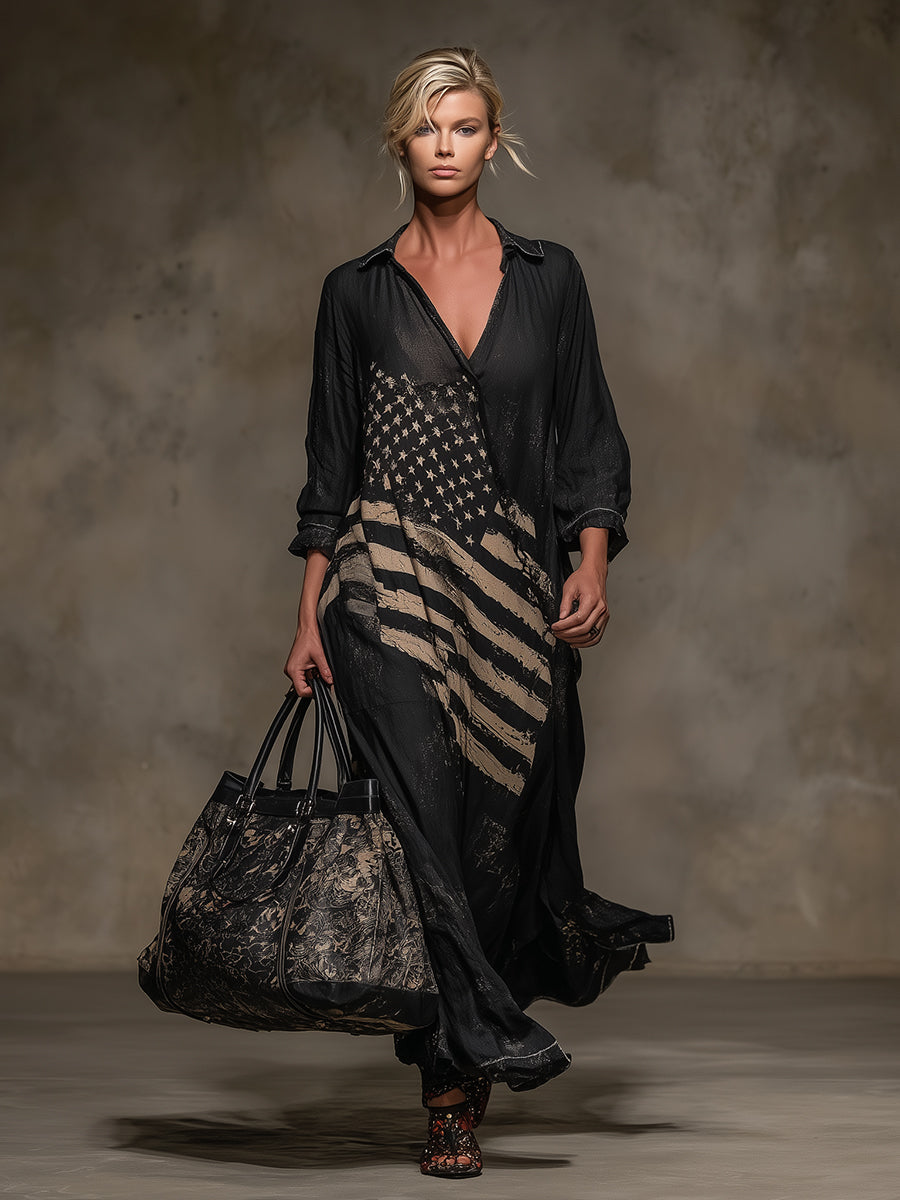 Western Black Linen V-Neck Maxi Dress With American Flag Pattern
