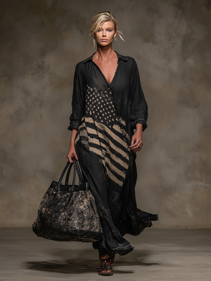 Western Black Linen V-Neck Maxi Dress With American Flag Pattern