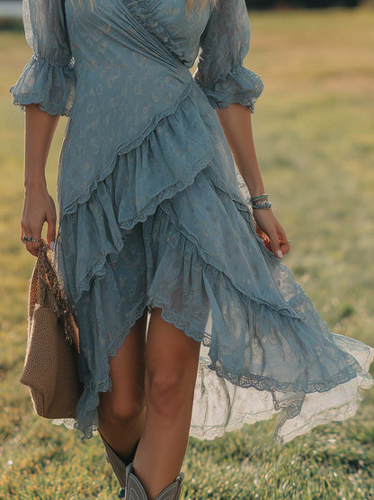 Retro Fashion Flowy V-neck Ruffled Hem Light Blue Printed Chiffon Slit Maxi Dress