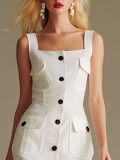 Stylish And Casual White Sleeveless Tencel Denim Midi Dress