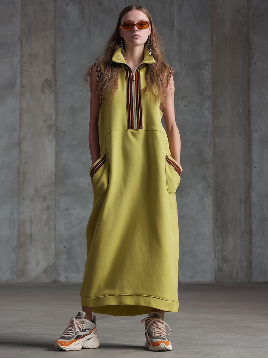 Sporty Retro-style Woven Yellow-green Slit Sleeveless Maxi Dress