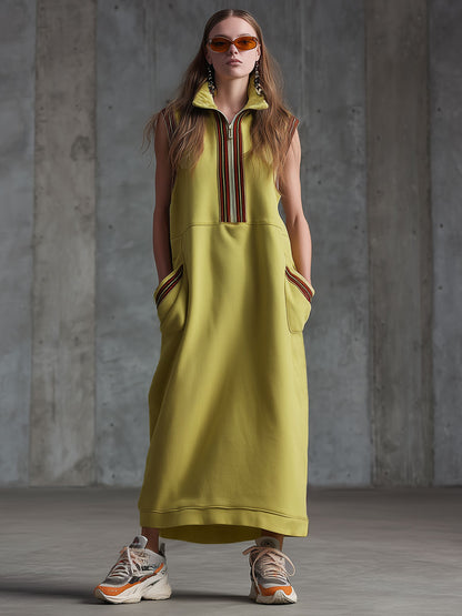 Sporty Retro-style Woven Yellow-green Slit Sleeveless Maxi Dress