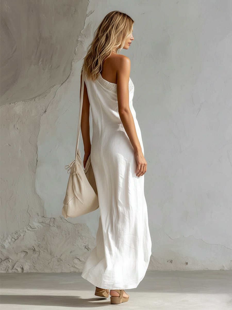 Elegant Slanted Neckline Lace Trim White Cotton And Linen Sleeveless Maxi Dress