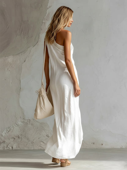 Elegant Slanted Neckline Lace Trim White Cotton And Linen Sleeveless Maxi Dress