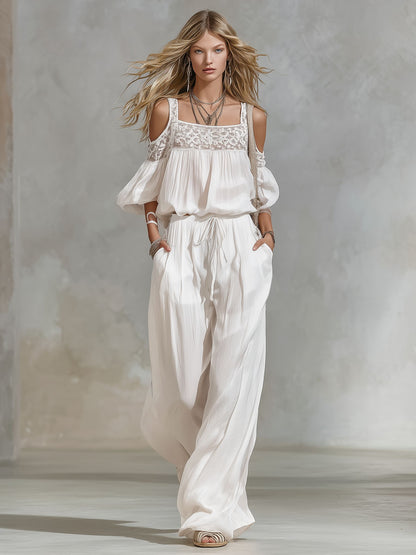 Square-neck Off-the-shoulder Lace Puff-sleeve Top And Pants Set