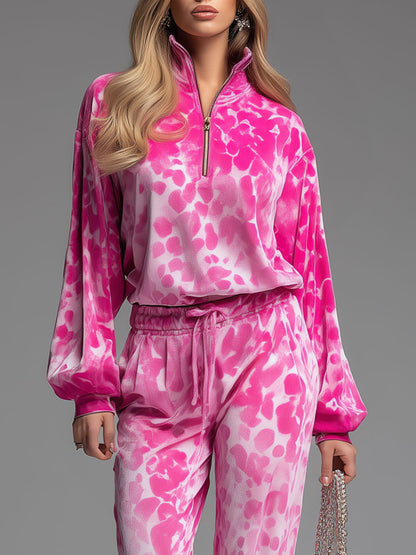 Stylish And Casual Pink Velvet Printed Top And Pants Set
