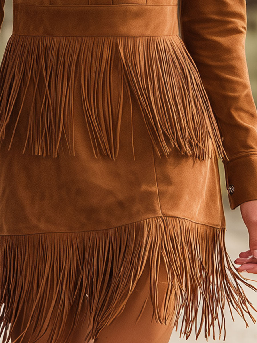 Western-style Vintage Brown Fringed Faux Suede Mini Dress
