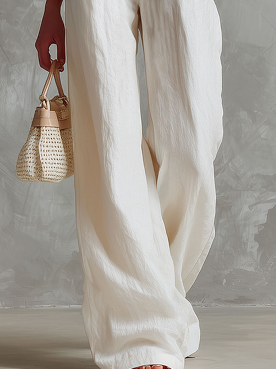 Casual Retro Style Red And White Striped Chiffon Shirt And White Cotton Linen Pants Set