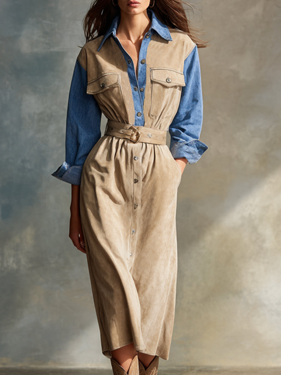 Trendy Retro Beige Faux Suede Patchwork Blue Denim Midi Dress