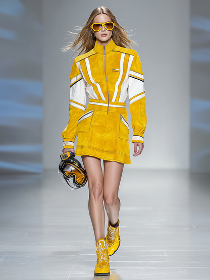 Stylish Retro Motorcycle Zipper Stand Collar Color-blocked Faux Suede Mini Dress