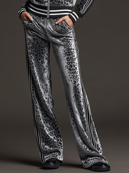 Sporty Retro Striped Mesh Sleeve Gray Leopard Print Velvet Sweatshirt And Pants Set