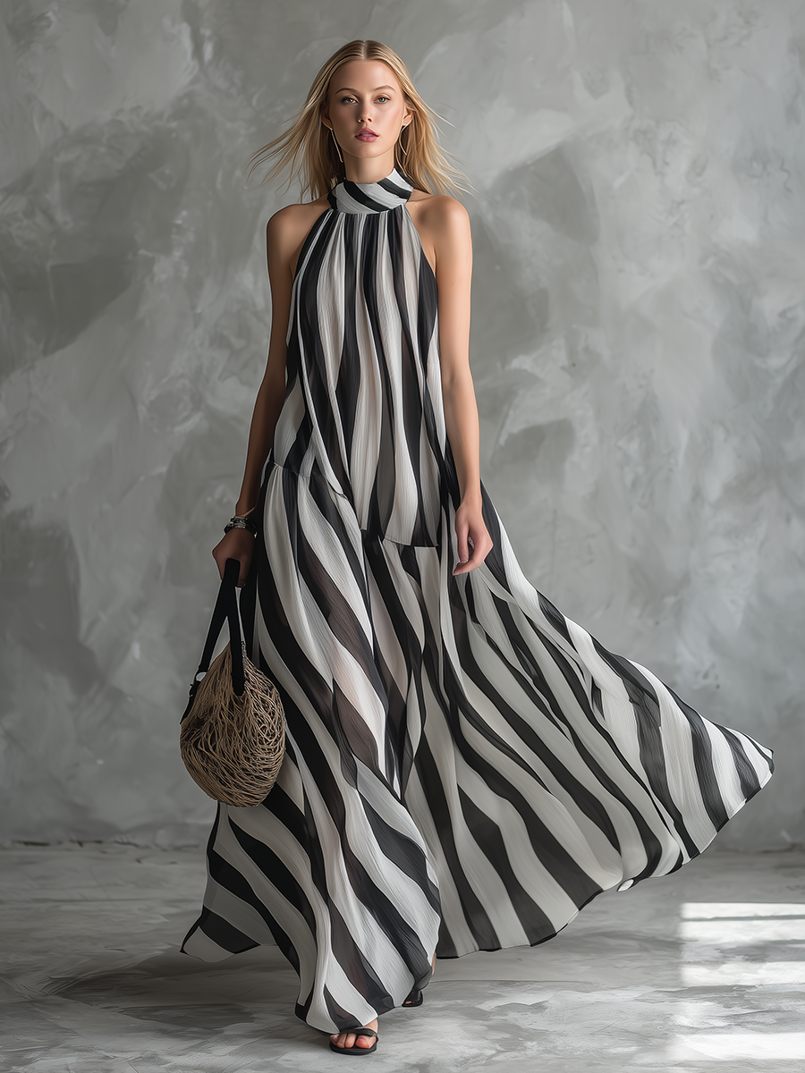 Stylish Relaxed Resort-style Stand-collar Striped Chiffon Maxi Dress
