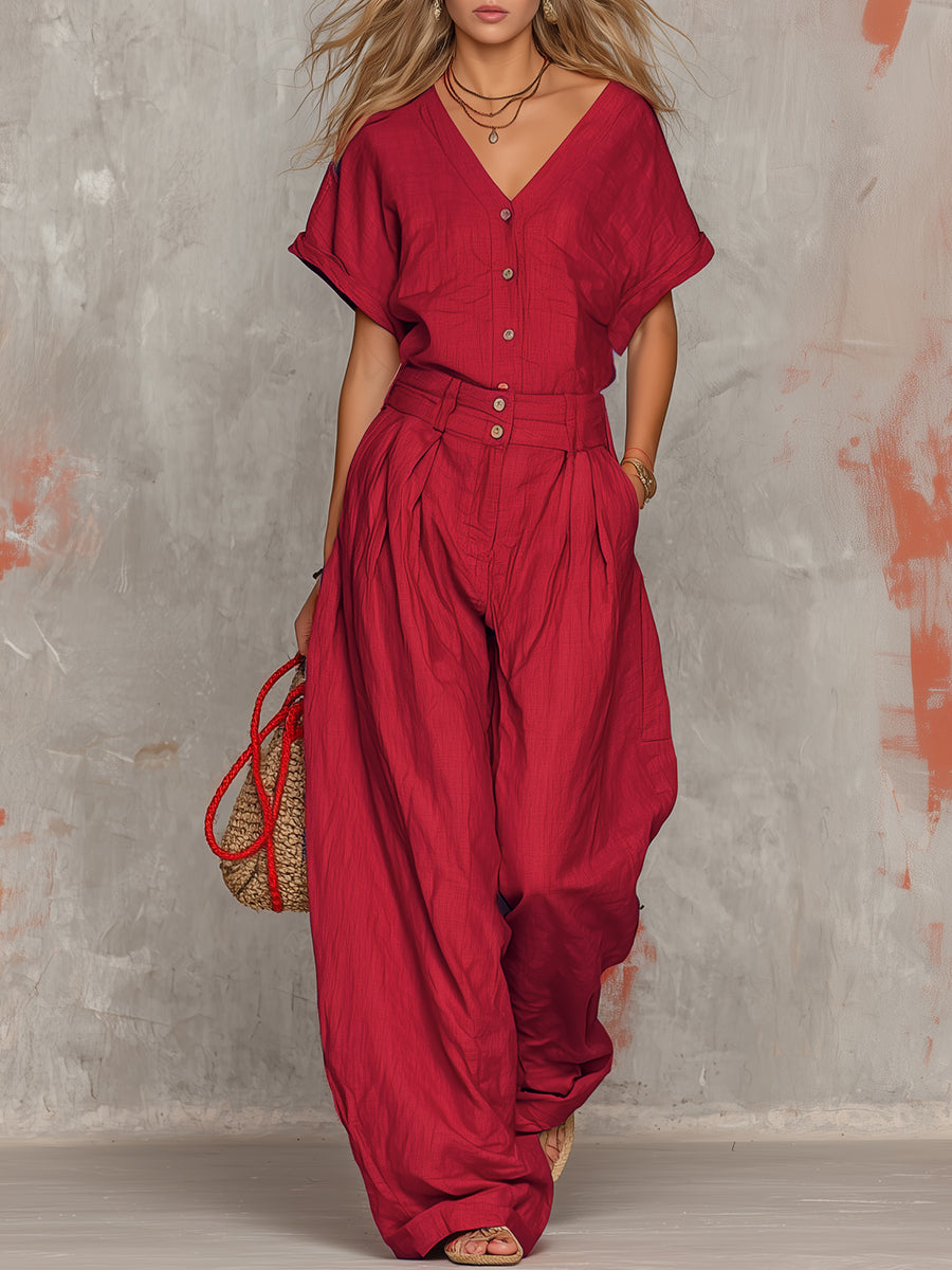 Retro Solid Color V-neck Short-sleeved Top And Wide-leg Pants Set