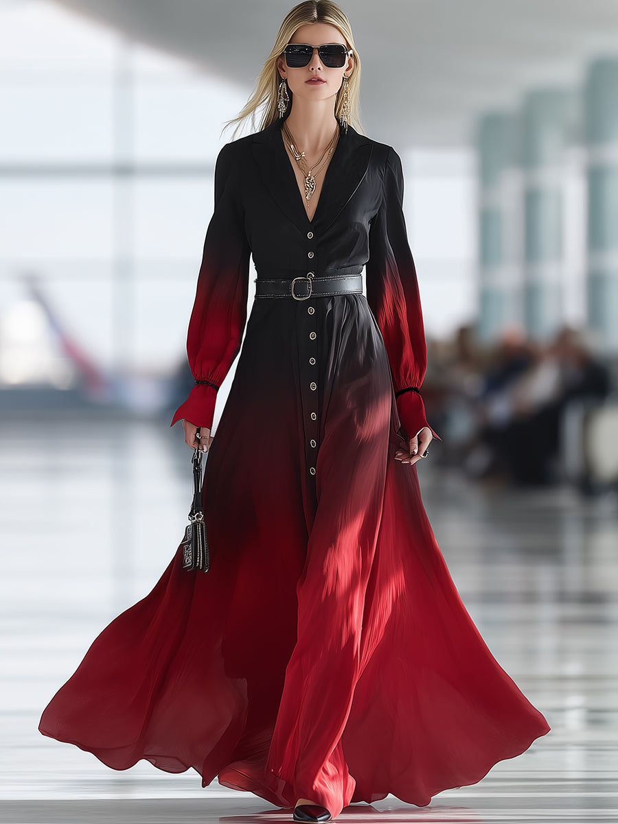Stylish And Casual Button-down Collar Black And Red Gradient Maxi Dress