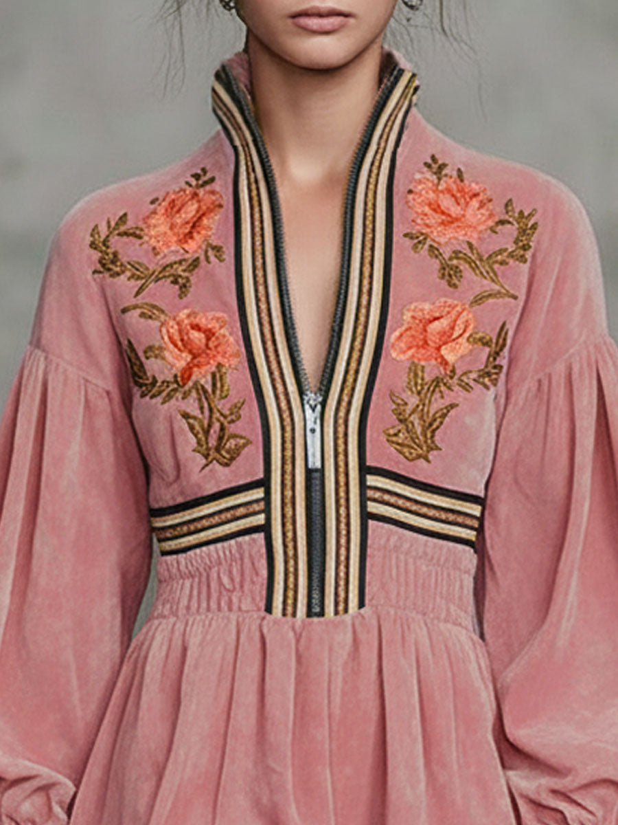 Western-style Floral Embroidered Stand-collar Zippered Ruffle Faux Suede Mini Dress