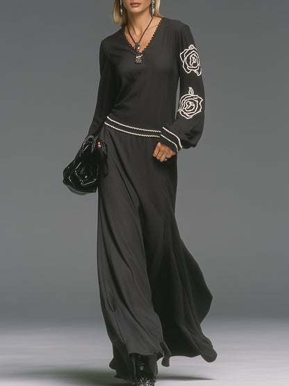 Casual And Stylish White Embroidered V-neck Black Maxi Dress