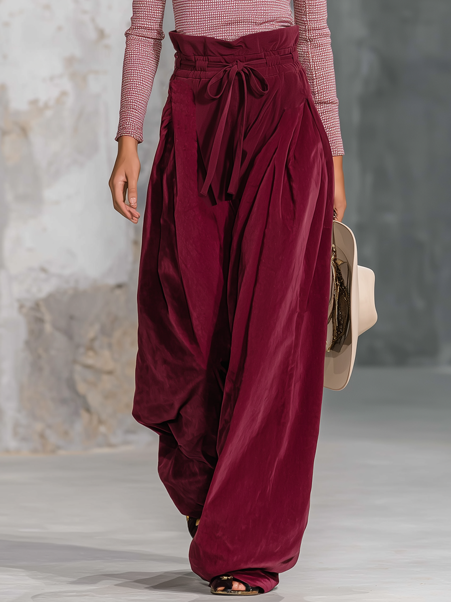 Retro-chic Pink Embroidered Top And Red Faux Suede Paper Bag Pants Set