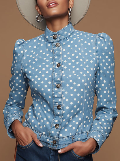 Stylish Retro Polka Dot Light Blue Denim Jacket