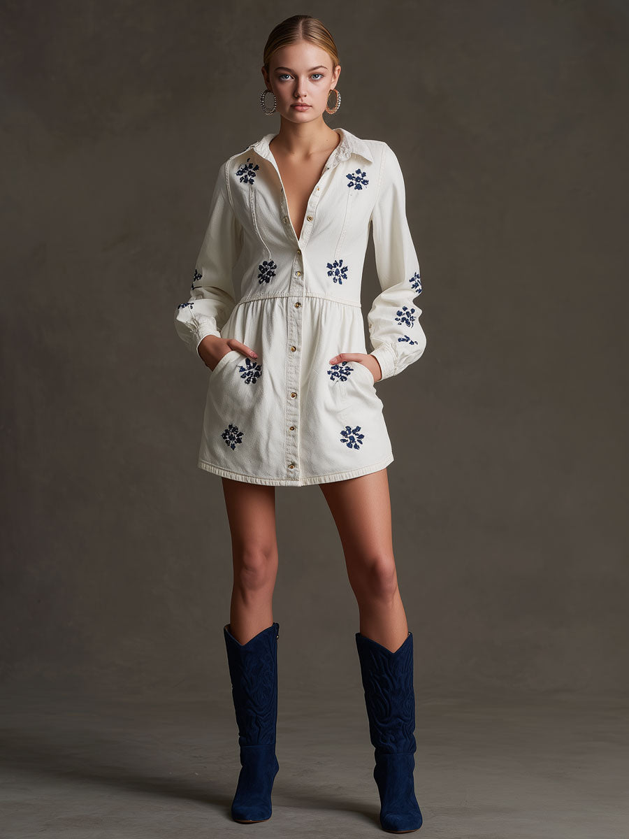 Casual Retro Daisy Embroidered Long-sleeved White Denim Cardigan Mini Dress