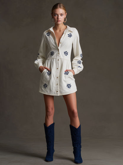 Casual Retro Daisy Embroidered Long-sleeved White Denim Cardigan Mini Dress