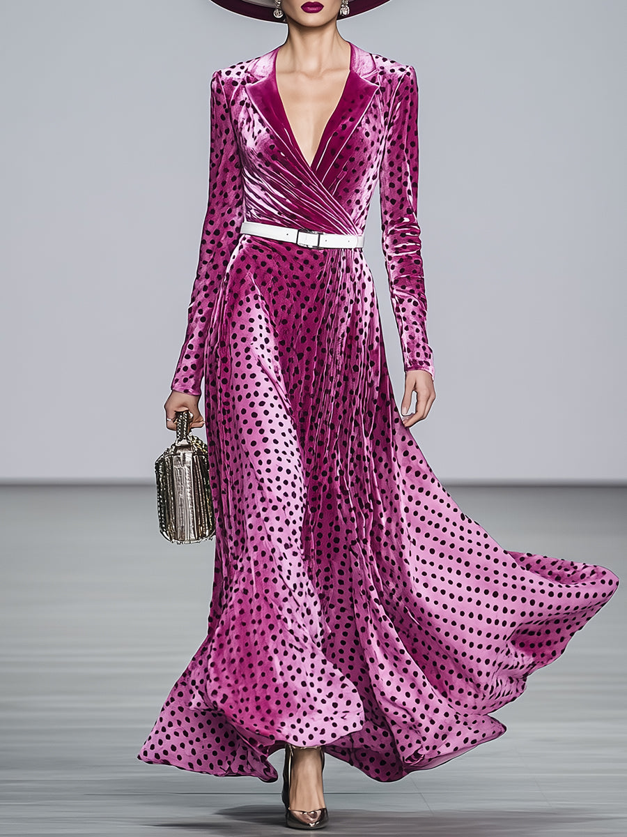 Elegant Pink Lapel Black Polka Dot Maxi Dress