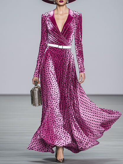 Elegant Pink Lapel Black Polka Dot Maxi Dress