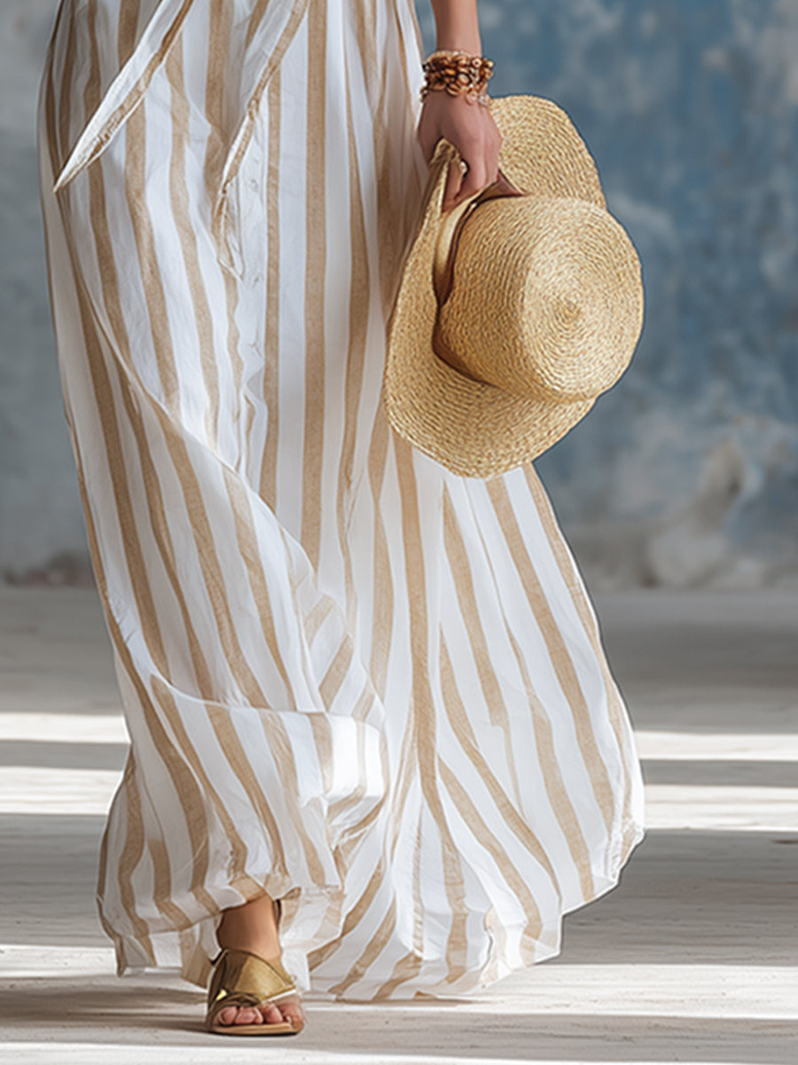 Classic Vacation-style Striped Lapel Wide-shoulder Sleeveless Maxi Dress
