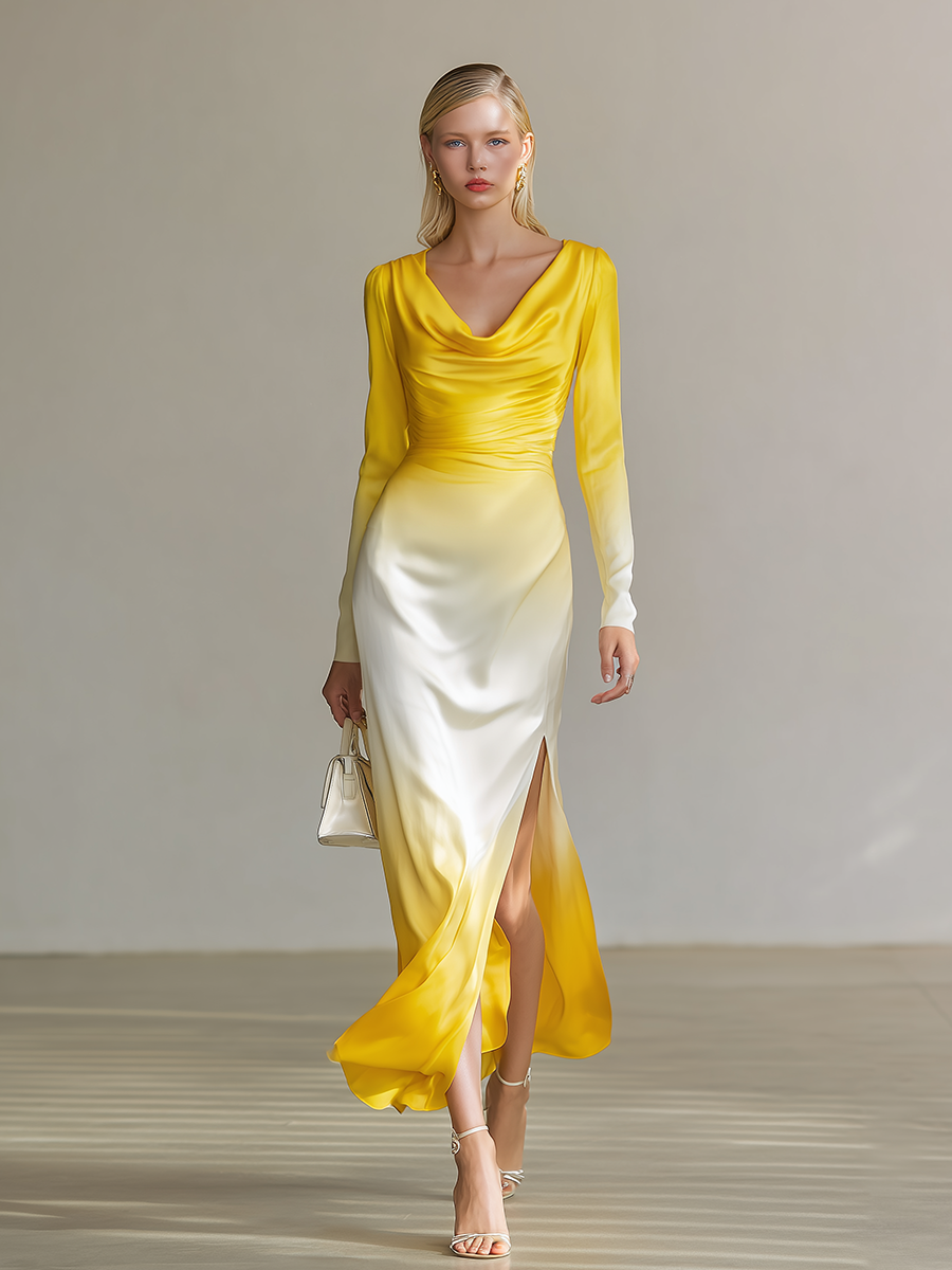 Elegant Sexy Cowl Neck Gradient Print Satin Maxi Dress