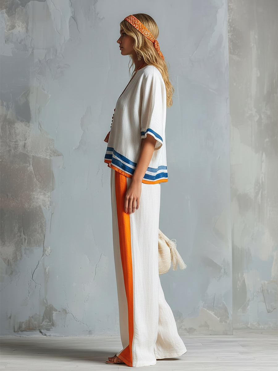 Casual Urban Style Contrast-Trimmed White T-Shirt &amp; Wide-Leg Pants Cotton-Linen Set