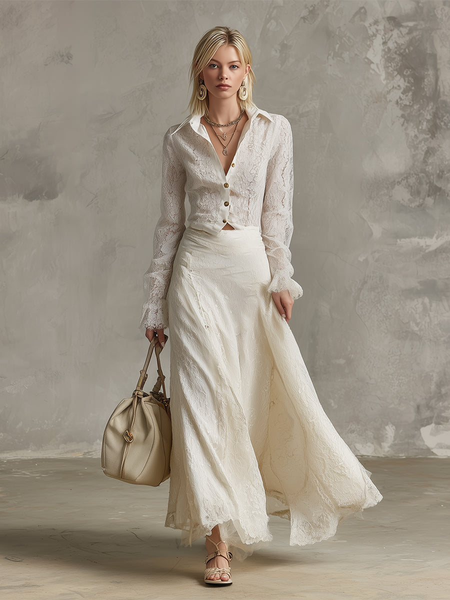 Noble White Collared Lace Shirt And Long Skirt Set