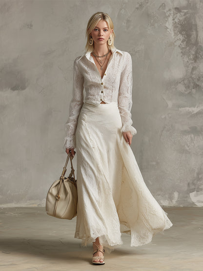 Noble White Collared Lace Shirt And Long Skirt Set