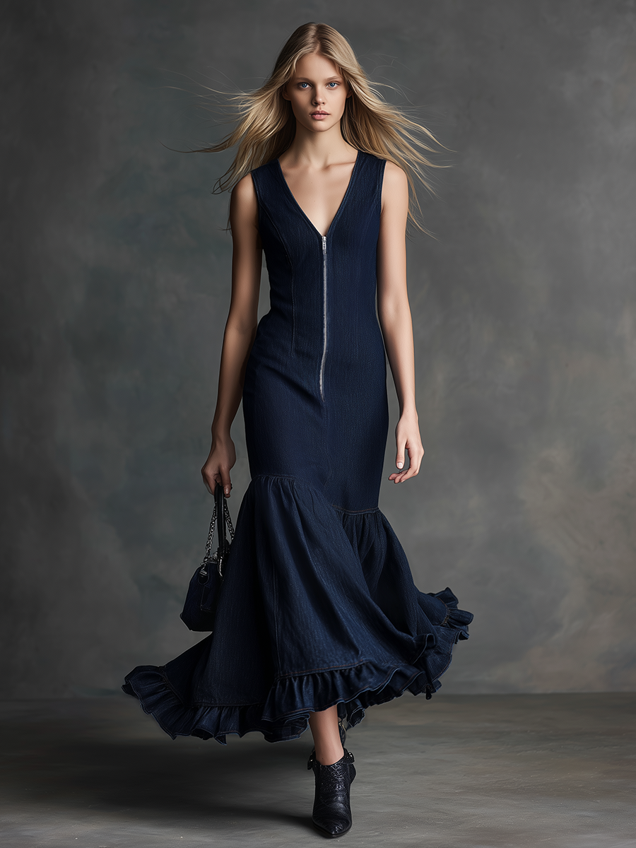 Elegant And Stylish Sleeveless Zipper Fishtail Ruffle Maxi Dress