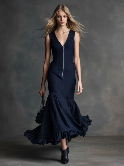 Elegant And Stylish Sleeveless Zipper Fishtail Ruffle Maxi Dress