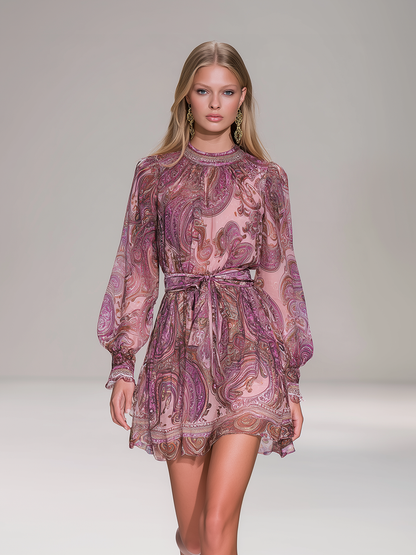 Retro Bohemian Style Paisley Print Chiffon Mini Dress