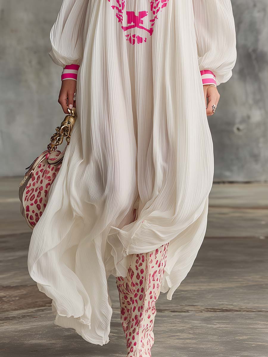 Elegant Flowing, Ultra-loose Off-shoulder Pink Leopard Print Off-white Chiffon Maxi Dress