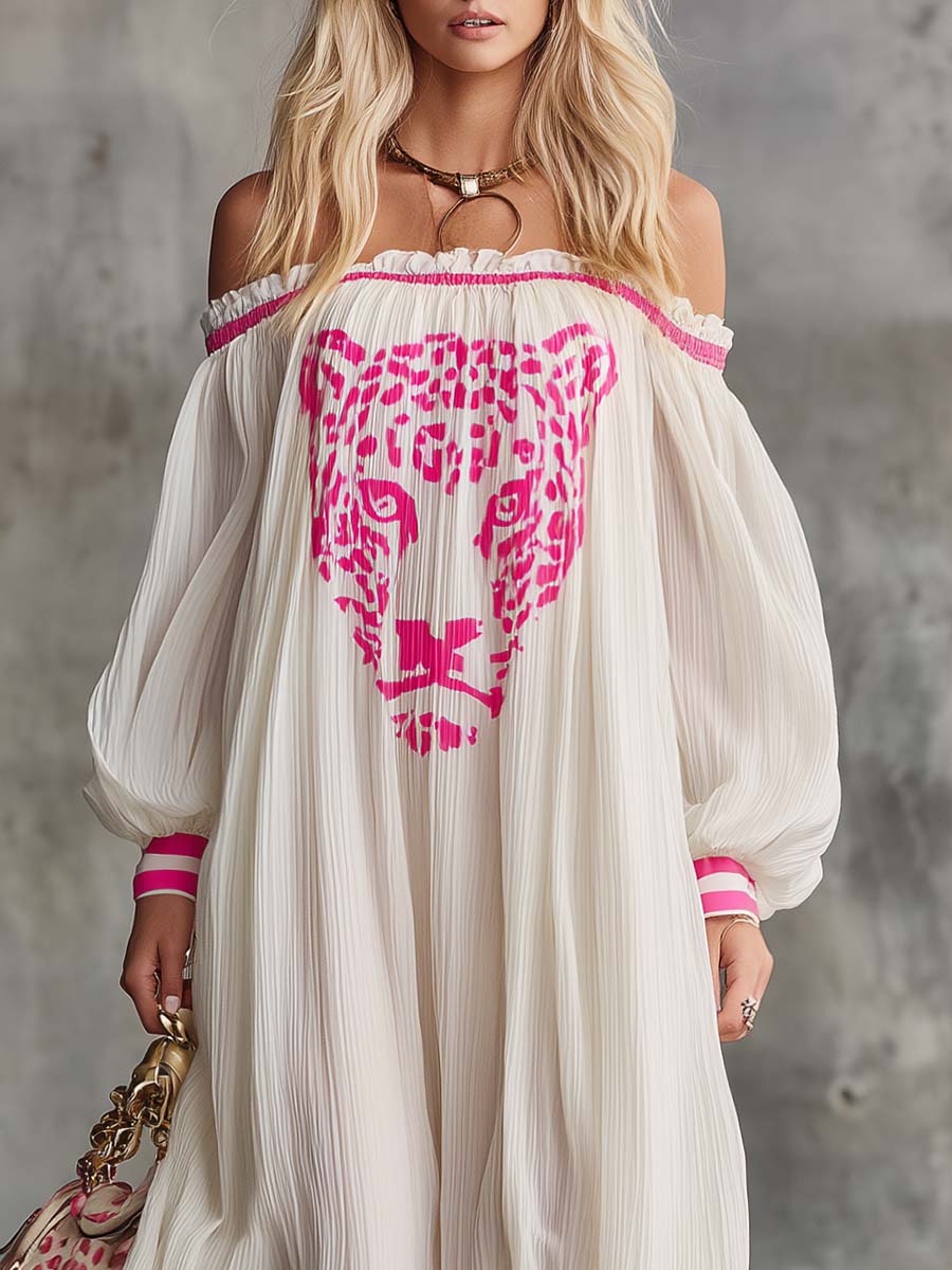 Elegant Flowing, Ultra-loose Off-shoulder Pink Leopard Print Off-white Chiffon Maxi Dress