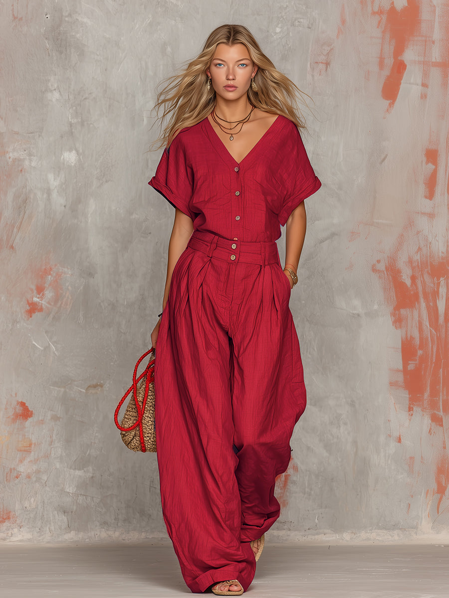 Retro Solid Color V-neck Short-sleeved Top And Wide-leg Pants Set
