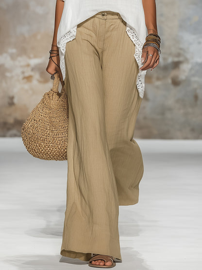 Retro Casual Resort Style Lace-trimmed Top And Flared Pants Set