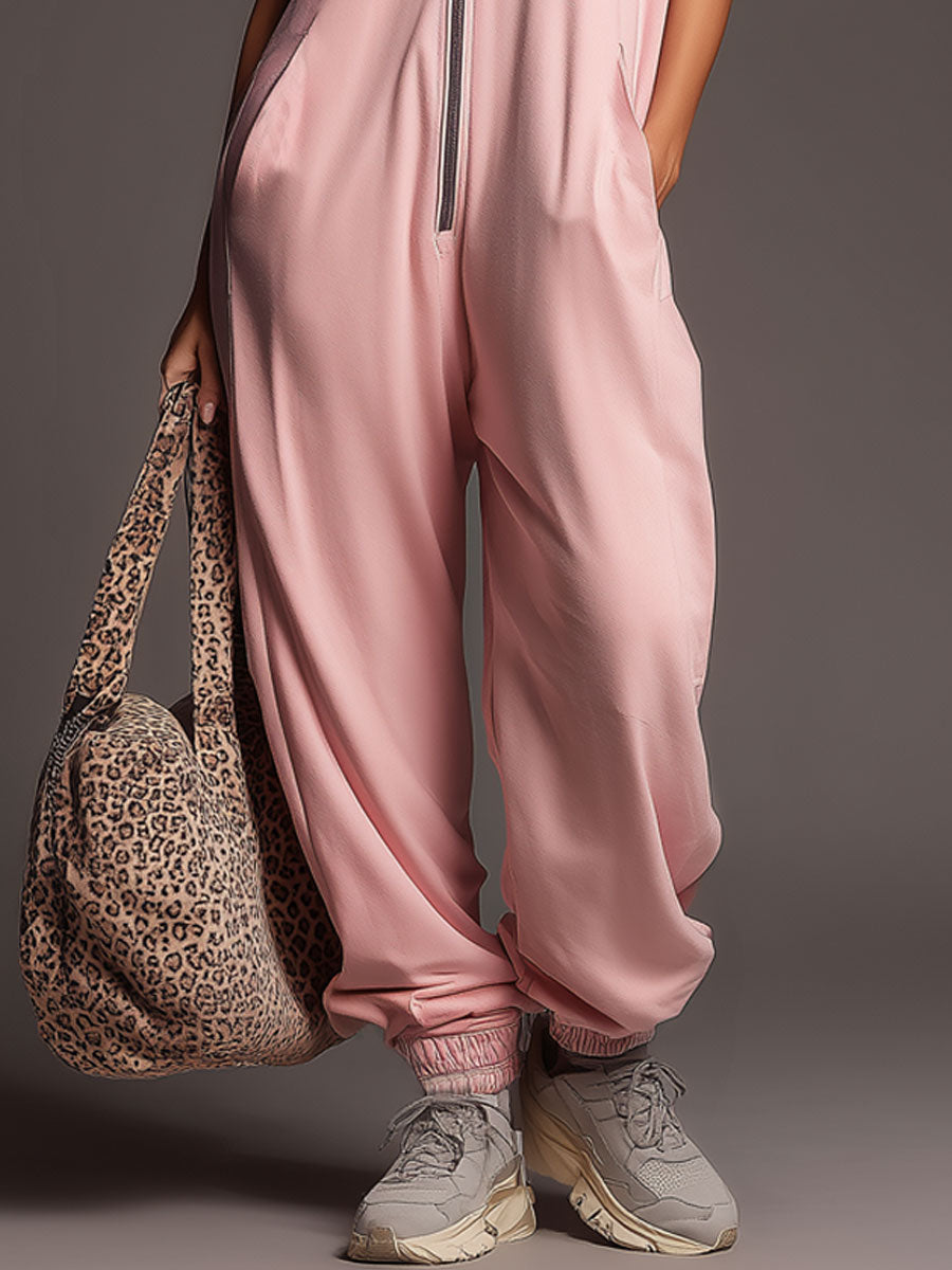 Retro Sporty Sleeveless Leopard Print Zipper Pink Cotton Jumpsuit