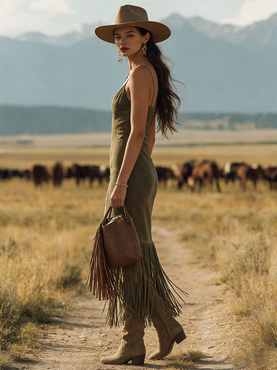 Western Retro Tassel Green Suede Midi Dress