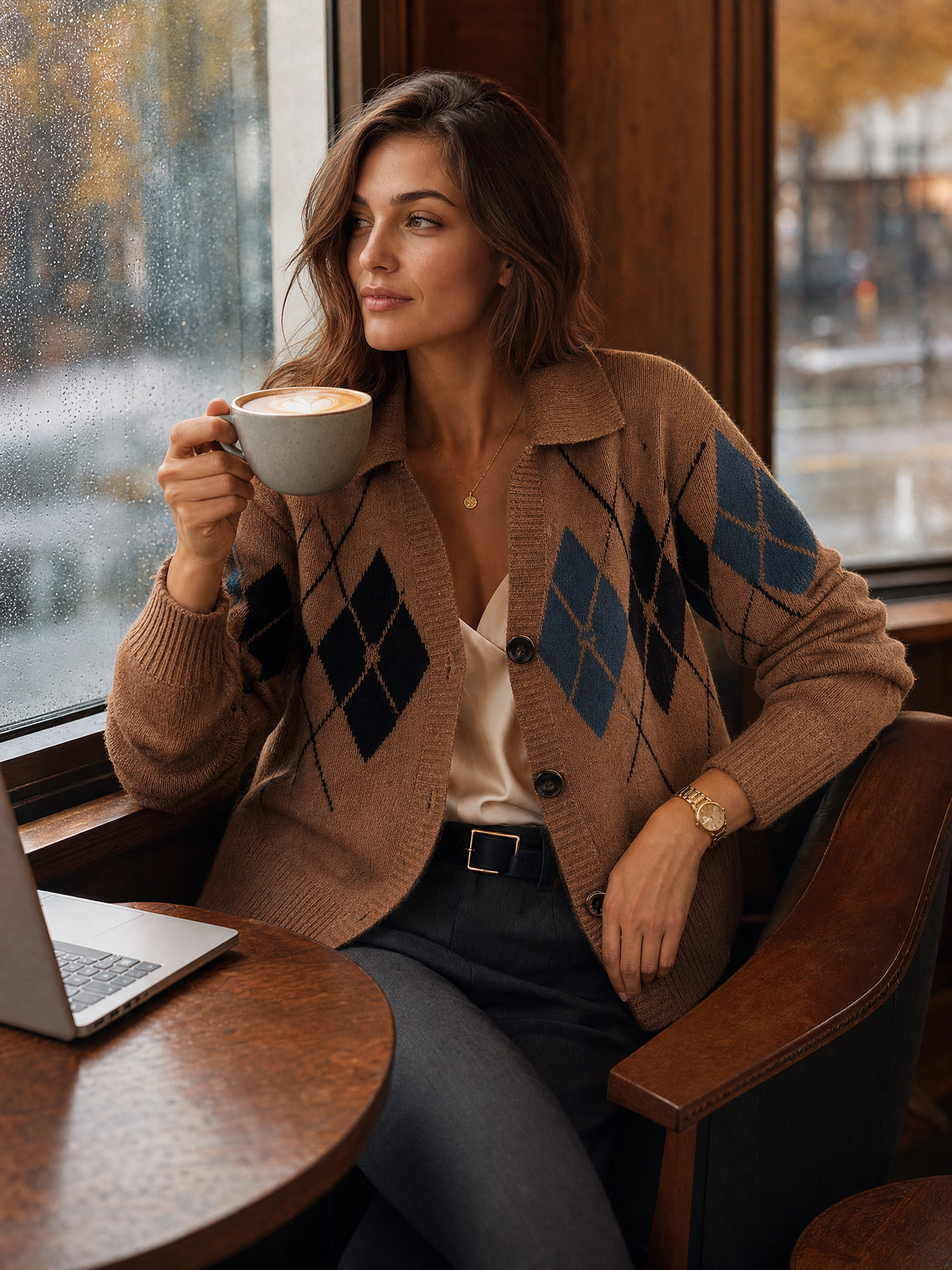 Old-Money Camel Argyle Collared Button-Front Long-Sleeve Knit Cardigan Women
