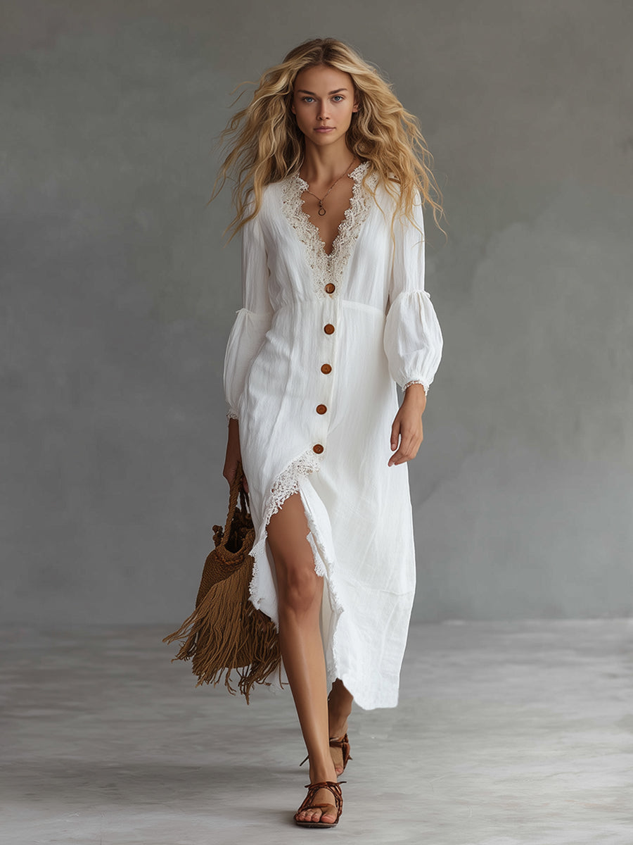 Elegant And Casual Lace Trim White Cotton And Linen Midi Dress