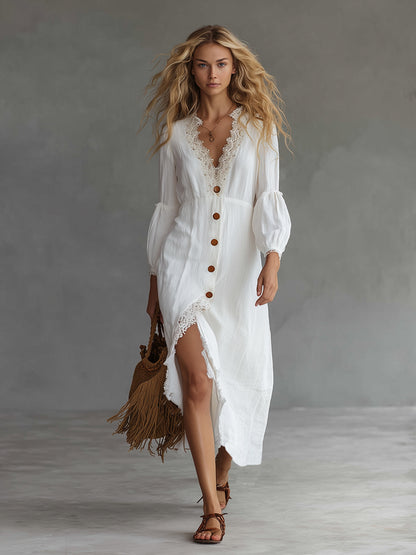 Elegant And Casual Lace Trim White Cotton And Linen Midi Dress