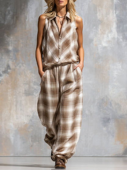 Checked Print Lapel Sleeveless Shirt And Trousers Chiffon Set