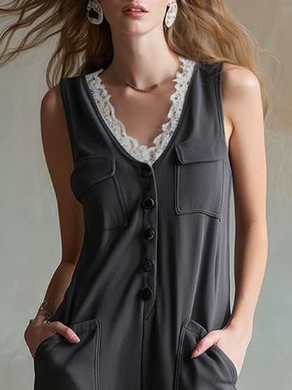 Casual Retro White Lace Dark Gray Cotton Blend Button Sleeveless Jumpsuit