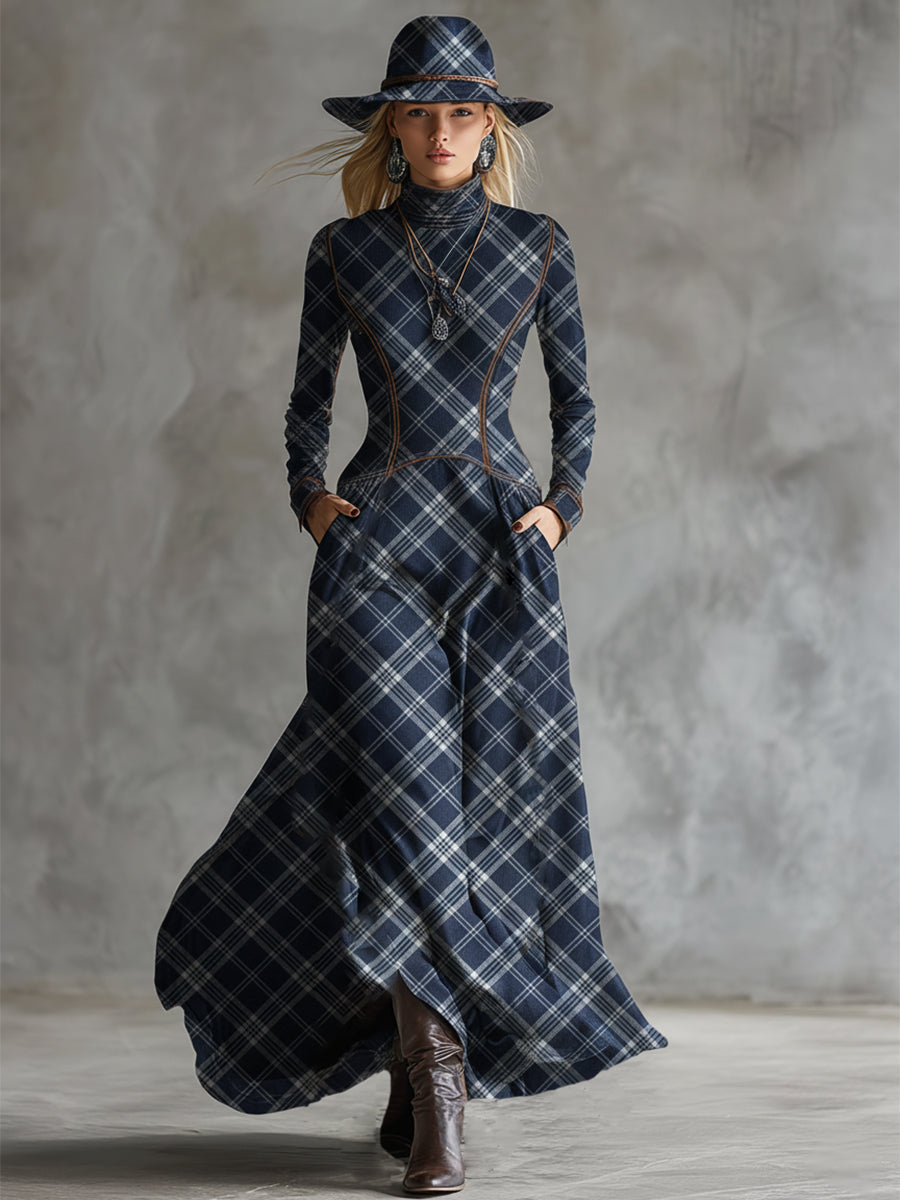 Elegant And Unique Stand-up Collar Blue Plaid Denim Maxi Dress